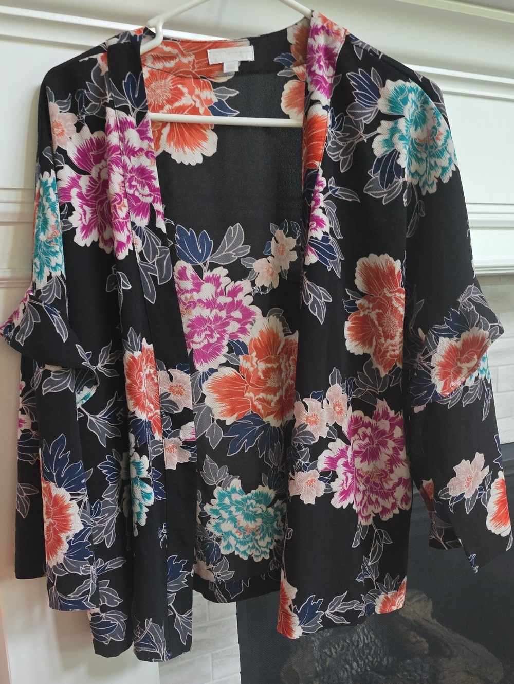 14th & Union Black Floral Kimono Jacket with Pink, Orange & Teal Blooms
